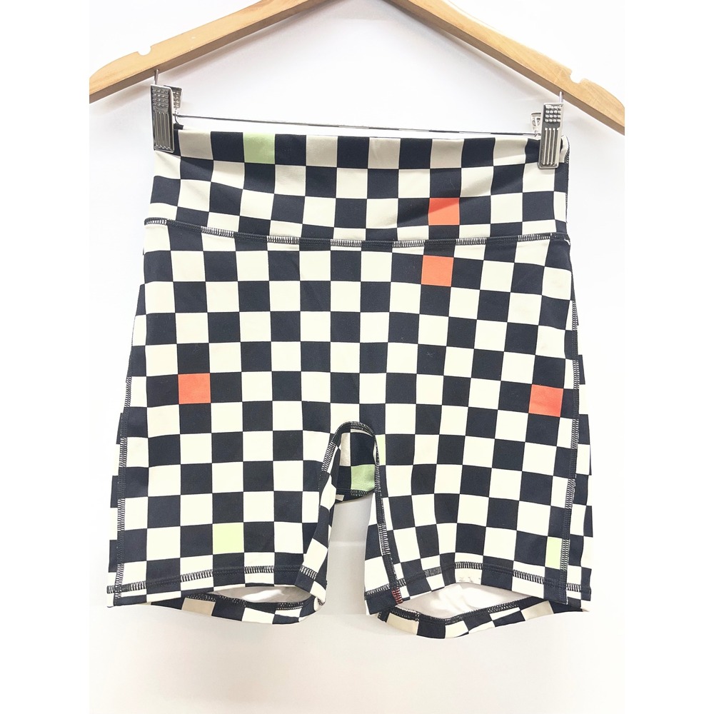 Fabletics Motion365 Checkered Biker Shorts Black White Neon High Waisted Small